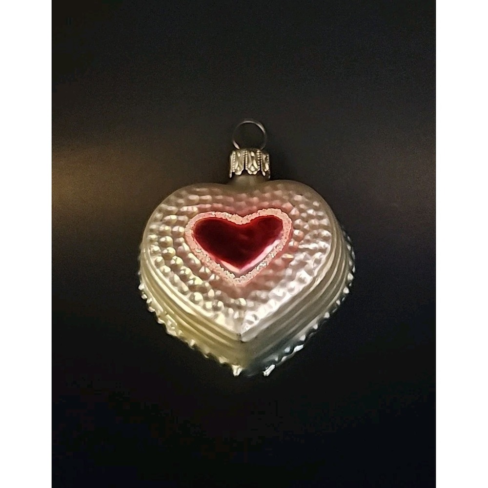 Vintage‎ Double Sided Handblown Glass German Heart Shaped Glittery Ornament
